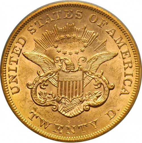20 dollar Reverse Image minted in UNITED STATES in 1866S (Coronet Head - Twenty D., no motto)  - The Coin Database