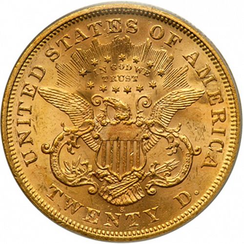 20 dollar Reverse Image minted in UNITED STATES in 1875S (Coronet Head - Twenty D., with motto)  - The Coin Database