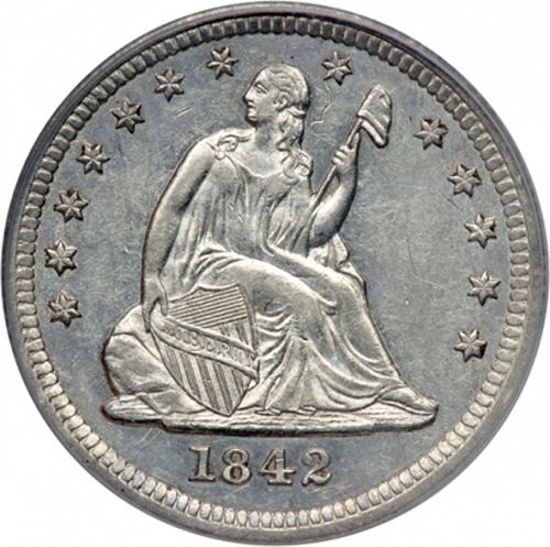 25 cent Obverse Image minted in UNITED STATES in 1842 (Seated Liberty - Drapery added)  - The Coin Database