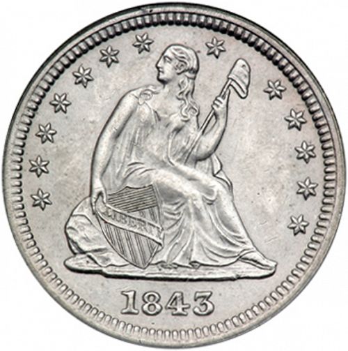 25 cent Obverse Image minted in UNITED STATES in 1843 (Seated Liberty - Drapery added)  - The Coin Database