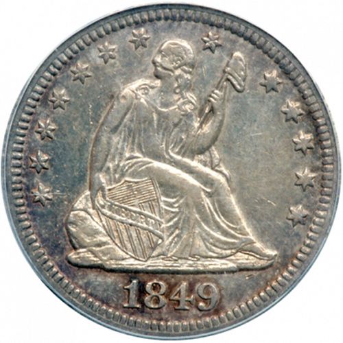 25 cent Obverse Image minted in UNITED STATES in 1849 (Seated Liberty - Drapery added)  - The Coin Database