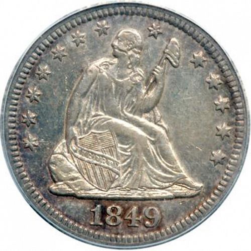 25 cent Obverse Image minted in UNITED STATES in 1849O (Seated Liberty - Drapery added)  - The Coin Database