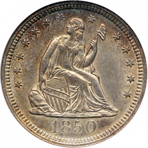 25 cent Obverse Image minted in UNITED STATES in 1850 (Seated Liberty - Drapery added)  - The Coin Database