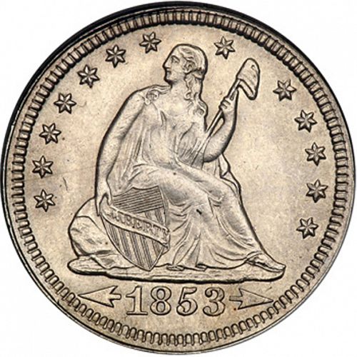 25 cent Obverse Image minted in UNITED STATES in 1853 (Seated Liberty - Arrows at date, reverse rays)  - The Coin Database