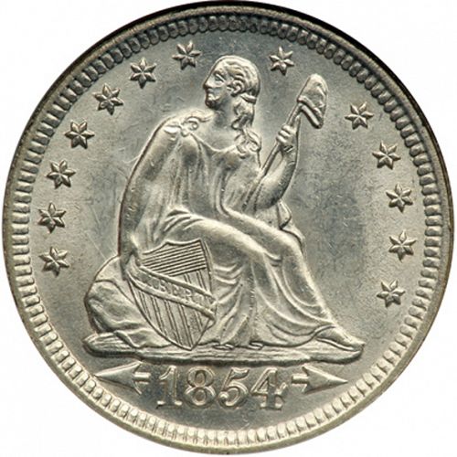 25 cent Obverse Image minted in UNITED STATES in 1854 (Seated Liberty - Arrows at date, reverse rays removed)  - The Coin Database