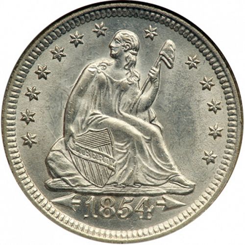 25 cent Obverse Image minted in UNITED STATES in 1854 (Seated Liberty - Arrows at date, reverse rays removed)  - The Coin Database