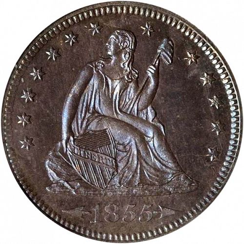25 cent Obverse Image minted in UNITED STATES in 1855 (Seated Liberty - Arrows at date, reverse rays removed)  - The Coin Database