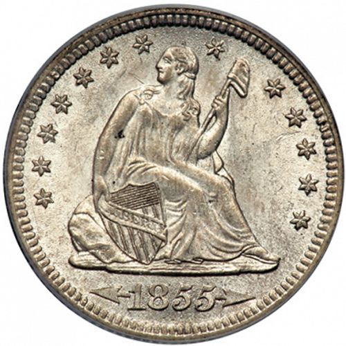 25 cent Obverse Image minted in UNITED STATES in 1855S (Seated Liberty - Arrows at date, reverse rays removed)  - The Coin Database