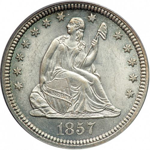 25 cent Obverse Image minted in UNITED STATES in 1857 (Seated Liberty - Arrows at date removed)  - The Coin Database