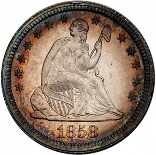 25 cent Obverse Image minted in UNITED STATES in 1858 (Seated Liberty - Arrows at date removed)  - The Coin Database