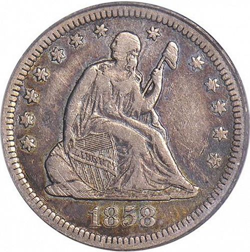 25 cent Obverse Image minted in UNITED STATES in 1858S (Seated Liberty - Arrows at date removed)  - The Coin Database