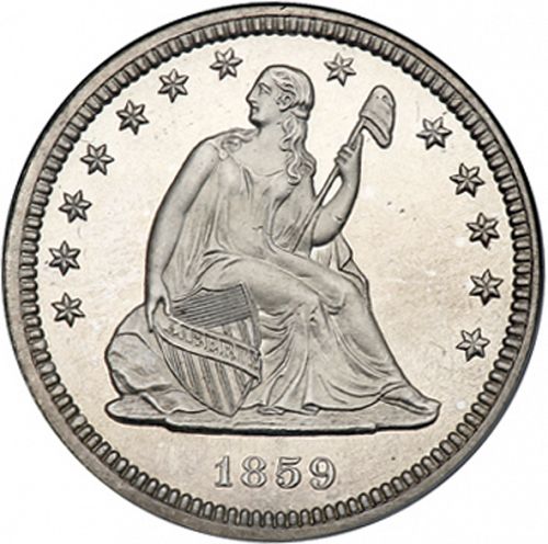 25 cent Obverse Image minted in UNITED STATES in 1859 (Seated Liberty - Arrows at date removed)  - The Coin Database