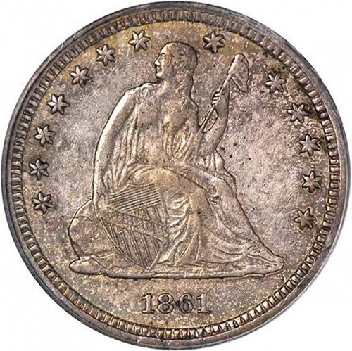 25 cent Obverse Image minted in UNITED STATES in 1861S (Seated Liberty - Arrows at date removed)  - The Coin Database