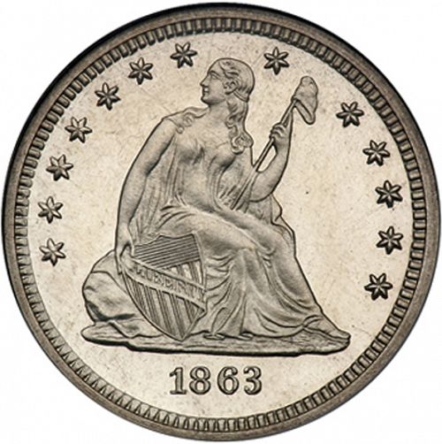 25 cent Obverse Image minted in UNITED STATES in 1863 (Seated Liberty - Arrows at date removed)  - The Coin Database