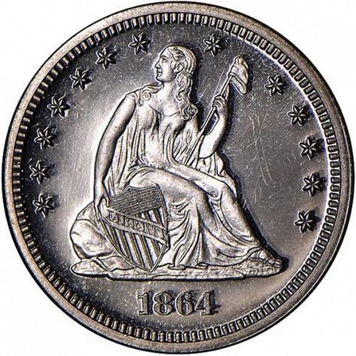 25 cent Obverse Image minted in UNITED STATES in 1864 (Seated Liberty - Arrows at date removed)  - The Coin Database
