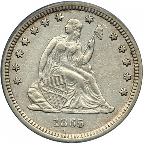 25 cent Obverse Image minted in UNITED STATES in 1865S (Seated Liberty - Arrows at date removed)  - The Coin Database