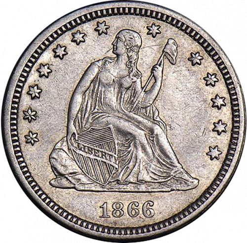 25 cent Obverse Image minted in UNITED STATES in 1866S (Seated Liberty - Motto above eagle)  - The Coin Database