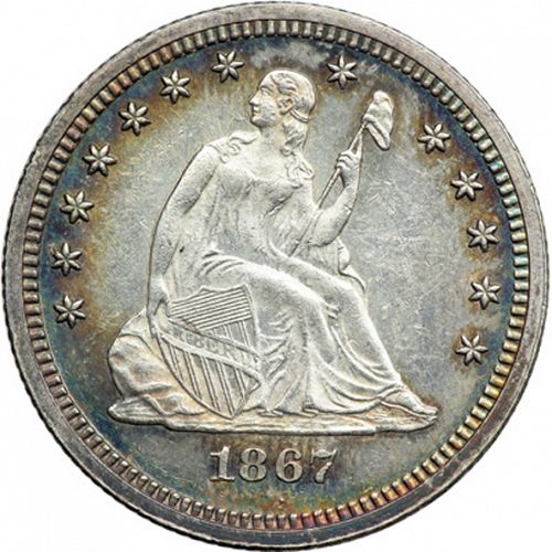25 cent Obverse Image minted in UNITED STATES in 1867 (Seated Liberty - Motto above eagle)  - The Coin Database