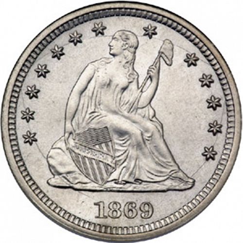 25 cent Obverse Image minted in UNITED STATES in 1869S (Seated Liberty - Motto above eagle)  - The Coin Database