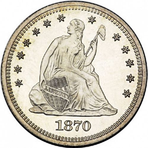 25 cent Obverse Image minted in UNITED STATES in 1870 (Seated Liberty - Motto above eagle)  - The Coin Database