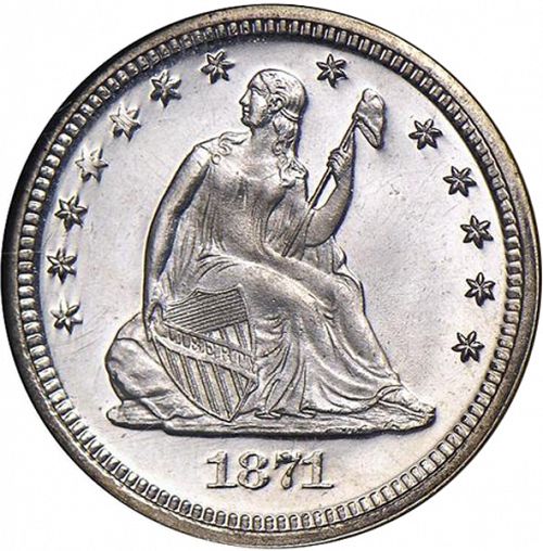 25 cent Obverse Image minted in UNITED STATES in 1871 (Seated Liberty - Motto above eagle)  - The Coin Database