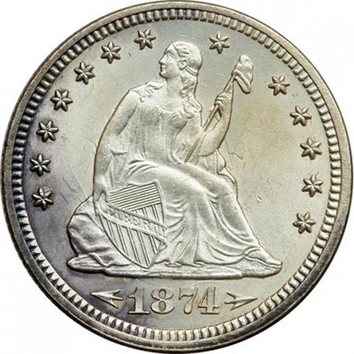 25 cent Obverse Image minted in UNITED STATES in 1874 (Seated Liberty - Arrows at date)  - The Coin Database