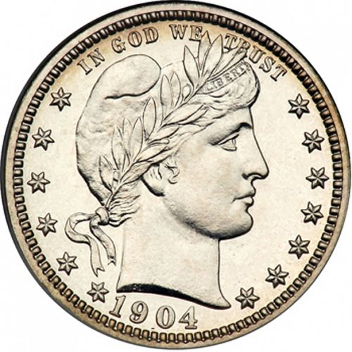25 cent Obverse Image minted in UNITED STATES in 1904 (Barber)  - The Coin Database