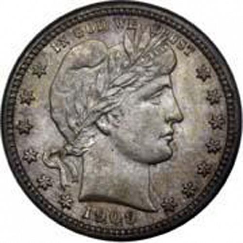 25 cent Obverse Image minted in UNITED STATES in 1909S (Barber)  - The Coin Database