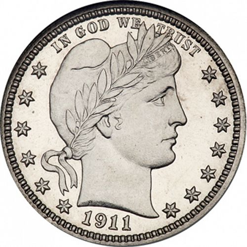 25 cent Obverse Image minted in UNITED STATES in 1911 (Barber)  - The Coin Database
