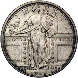 25 cent Obverse Image minted in UNITED STATES in 1917D (Standing Liberty - Type I)  - The Coin Database