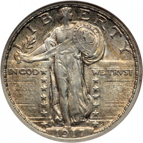 25 cent Obverse Image minted in UNITED STATES in 1917D (Standing Liberty - Type II)  - The Coin Database