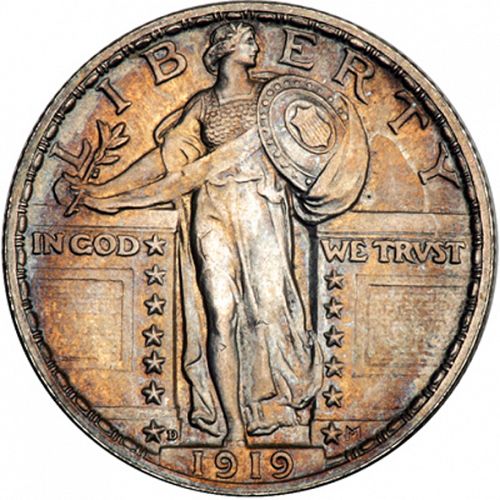 25 cent Obverse Image minted in UNITED STATES in 1919D (Standing Liberty - Type II)  - The Coin Database