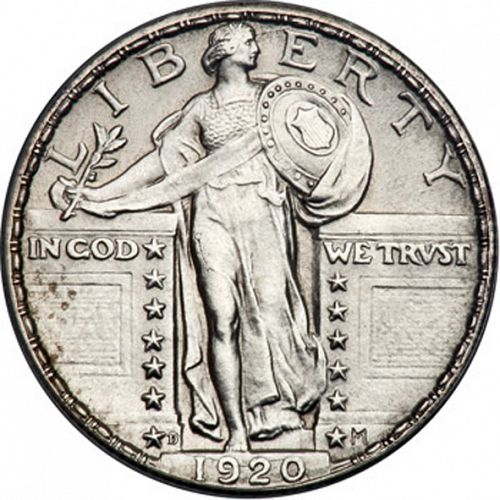 25 cent Obverse Image minted in UNITED STATES in 1920D (Standing Liberty - Type II)  - The Coin Database