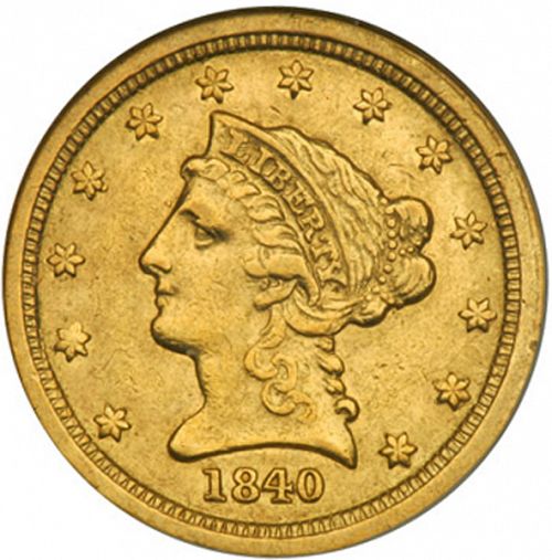 2 dollar 50 Obverse Image minted in UNITED STATES in 1840C (Coronet Head)  - The Coin Database