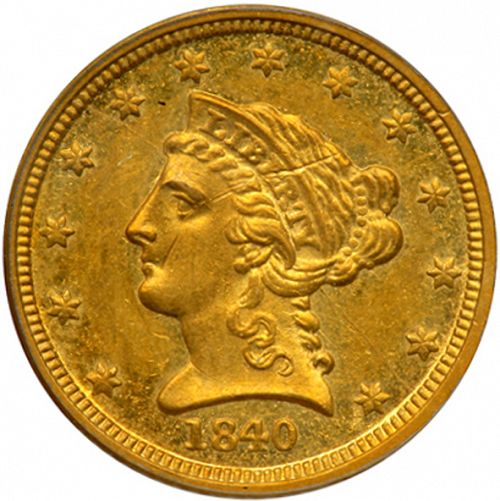 2 dollar 50 Obverse Image minted in UNITED STATES in 1840D (Coronet Head)  - The Coin Database