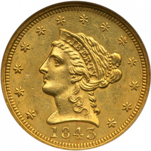 2 dollar 50 Obverse Image minted in UNITED STATES in 1843 (Coronet Head)  - The Coin Database