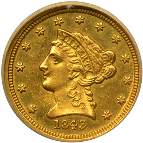 2 dollar 50 Obverse Image minted in UNITED STATES in 1843C (Coronet Head)  - The Coin Database