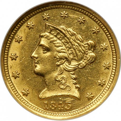 2 dollar 50 Obverse Image minted in UNITED STATES in 1843D (Coronet Head)  - The Coin Database