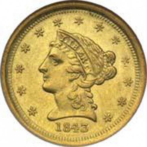 2 dollar 50 Obverse Image minted in UNITED STATES in 1843O (Coronet Head)  - The Coin Database