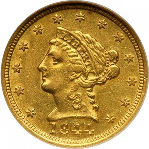 2 dollar 50 Obverse Image minted in UNITED STATES in 1844D (Coronet Head)  - The Coin Database
