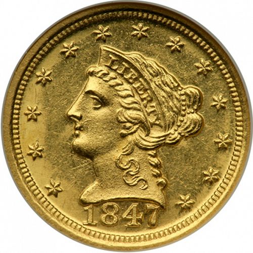 2 dollar 50 Obverse Image minted in UNITED STATES in 1847D (Coronet Head)  - The Coin Database