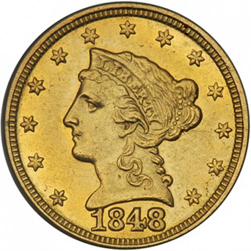 2 dollar 50 Obverse Image minted in UNITED STATES in 1848C (Coronet Head)  - The Coin Database