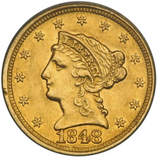 2 dollar 50 Obverse Image minted in UNITED STATES in 1848D (Coronet Head)  - The Coin Database