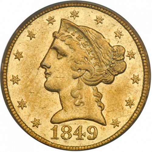 2 dollar 50 Obverse Image minted in UNITED STATES in 1849C (Coronet Head)  - The Coin Database