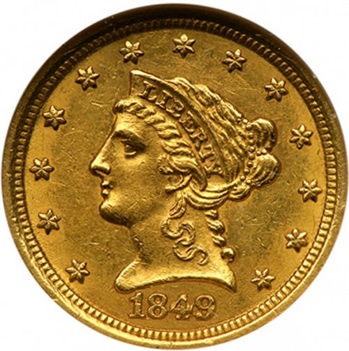 2 dollar 50 Obverse Image minted in UNITED STATES in 1849D (Coronet Head)  - The Coin Database