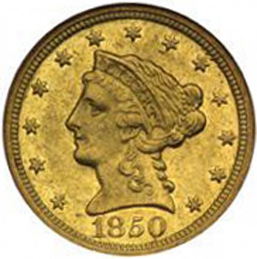2 dollar 50 Obverse Image minted in UNITED STATES in 1850C (Coronet Head)  - The Coin Database