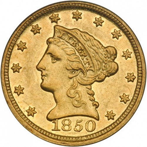 2 dollar 50 Obverse Image minted in UNITED STATES in 1850D (Coronet Head)  - The Coin Database