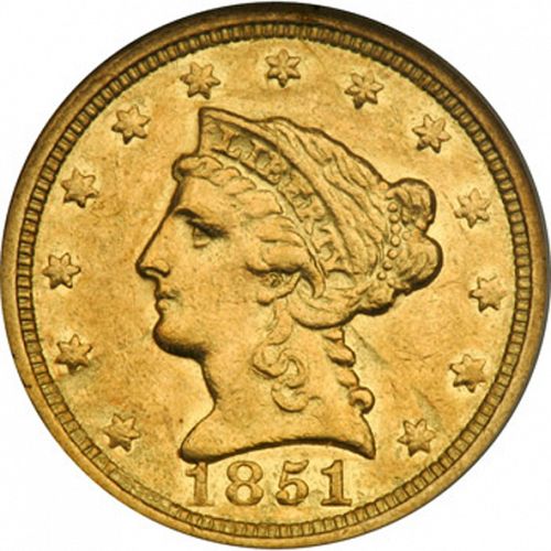 2 dollar 50 Obverse Image minted in UNITED STATES in 1851C (Coronet Head)  - The Coin Database