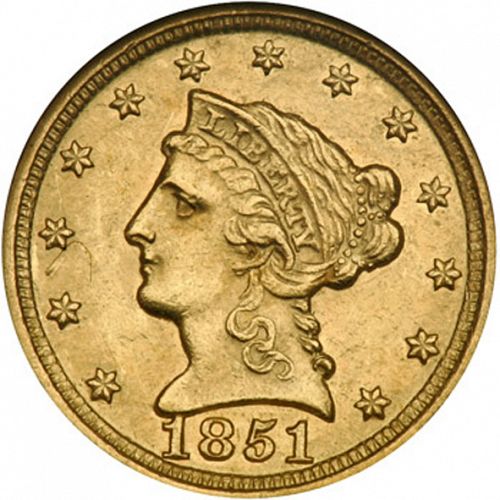 2 dollar 50 Obverse Image minted in UNITED STATES in 1851D (Coronet Head)  - The Coin Database