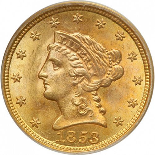 2 dollar 50 Obverse Image minted in UNITED STATES in 1853 (Coronet Head)  - The Coin Database
